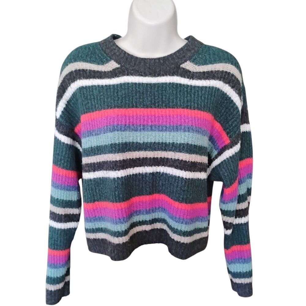 American Eagle Striped Pullover Sweater Small S Cropped AE Teal Blue Pink